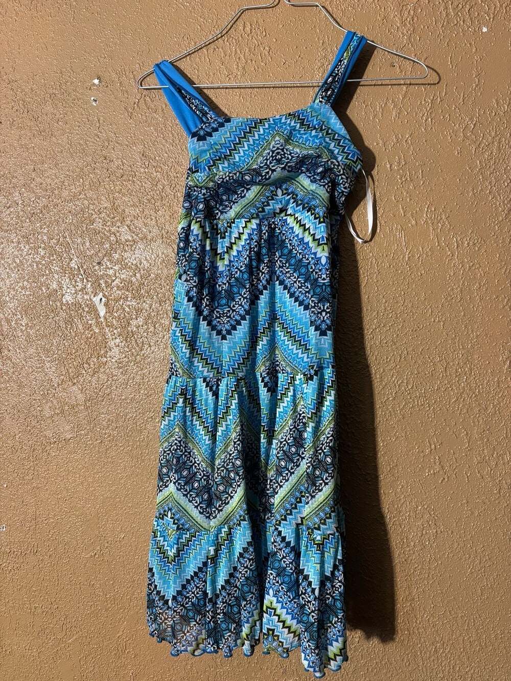I.N. girl Blue Green Geometric Aztec Print Tiered Dress Size 10